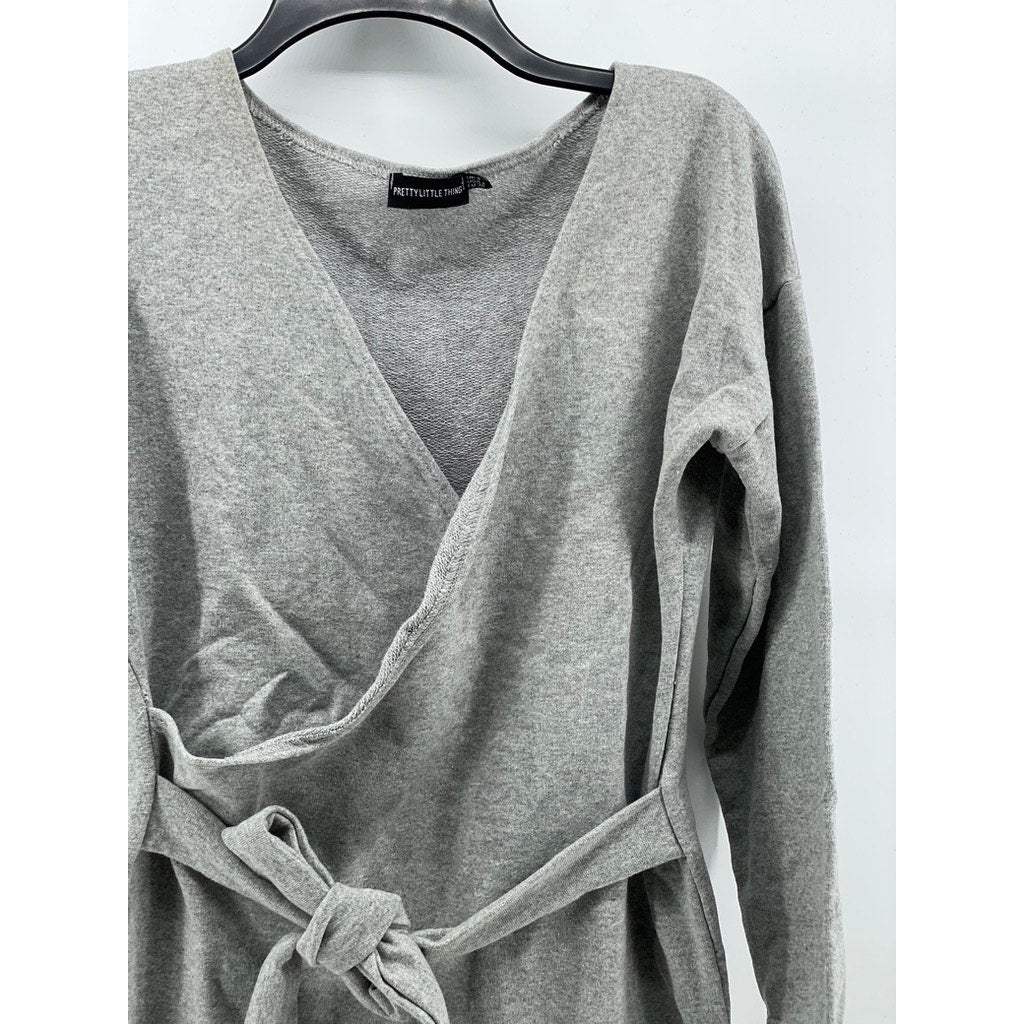 PRETTYLITTLETHING Women's Gray Long Sleeve Faux-Wrap Belted Sweater Dress SZ 4