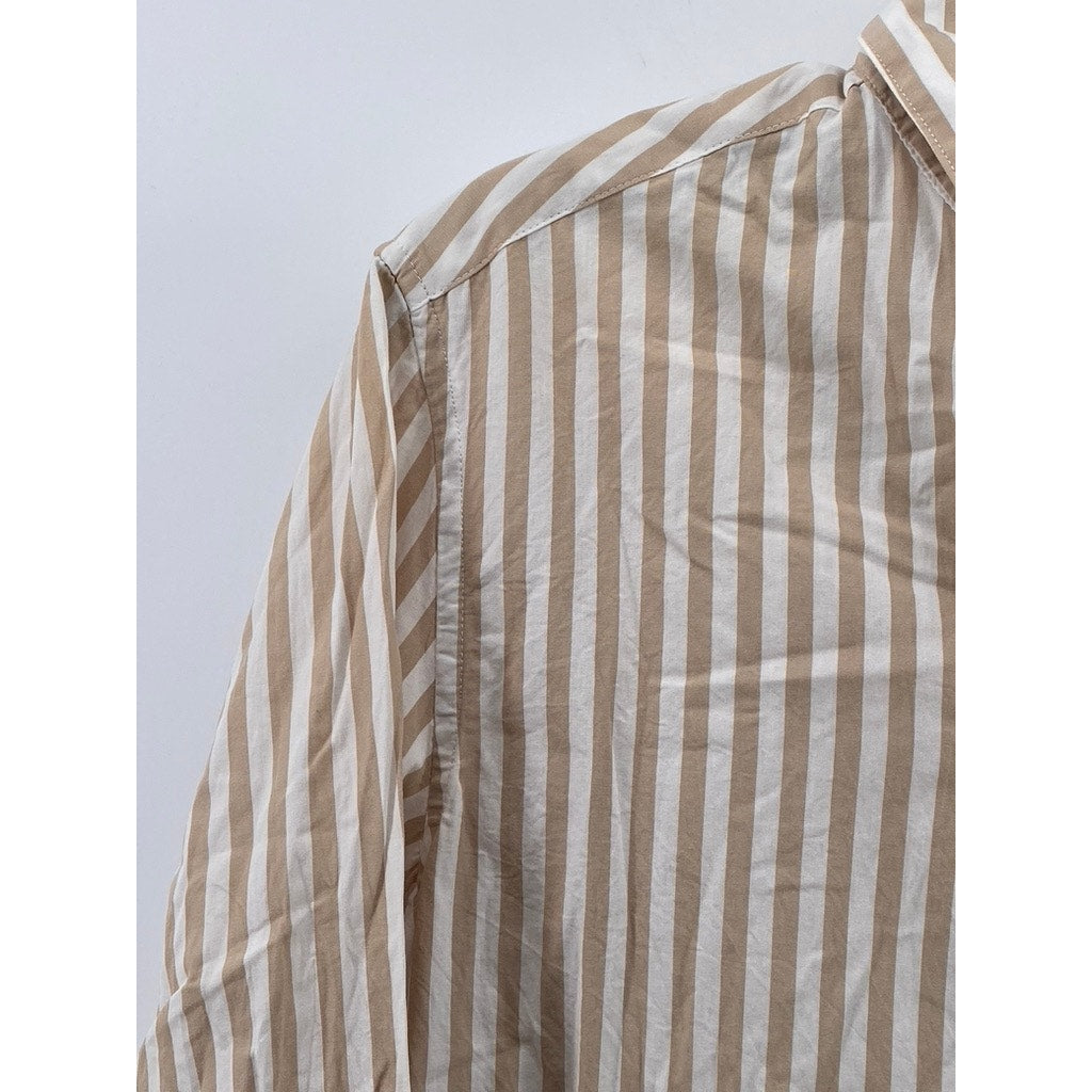 H&M Men's Brown-White Striped Regular-Fit Button-Up Long Sleeve Shirt SZ S