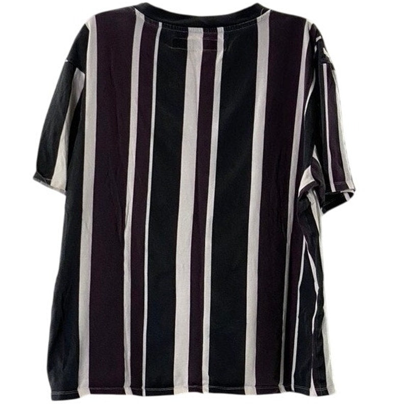 GUESS Men's Burgundy/Black Striped Vintage Crewneck Original Logo T-Shirt SZ L