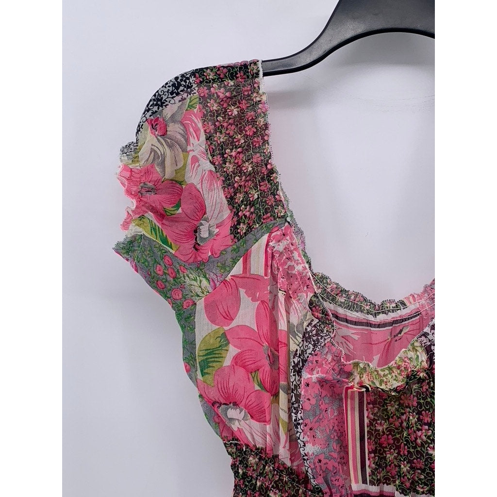 UNBRANDED Women's Pink-Green Multi Printed Puff-Short Sleeve A-Line Dress SZ S