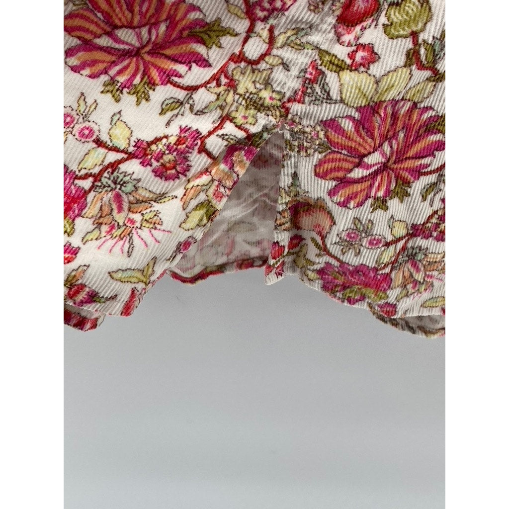 LANDS' END Women's White-Red Floral Corduroy Regular-Fit Button-Up Top SZ M