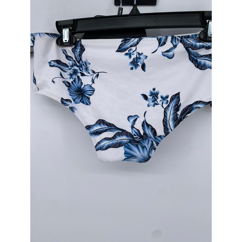 UNBRANDED Women's White-Blue Floral Print Cheeky Swim Bottom SZ L