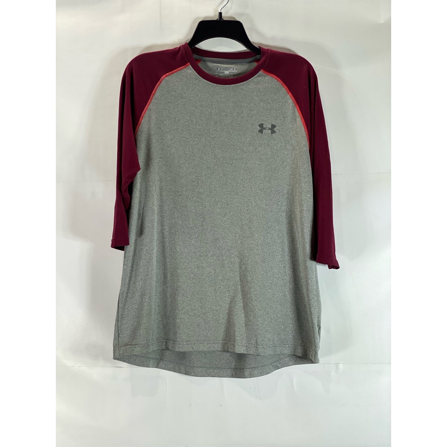 UNDER ARMOUR Men's Gray/Burgundy Crewneck Heatgear 3/4 Sleeve Tech T-Shirt SZ M