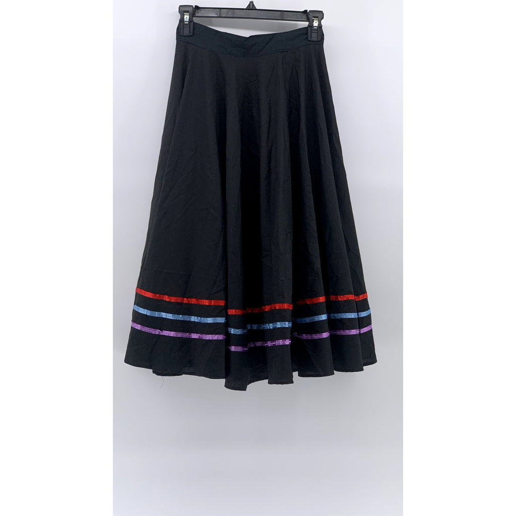 Women's Black-Multi Striped Hem Side-Zip A-Line Custom Midi Skirt SZ S