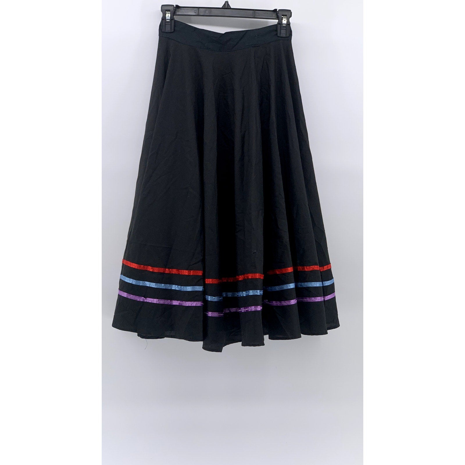 Women's Black-Multi Striped Hem Side-Zip A-Line Custom Midi Skirt SZ S