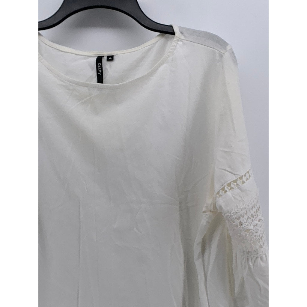 CATHY Women's White Crewneck 3/4 Embroidered Sleeve Top SZ XL