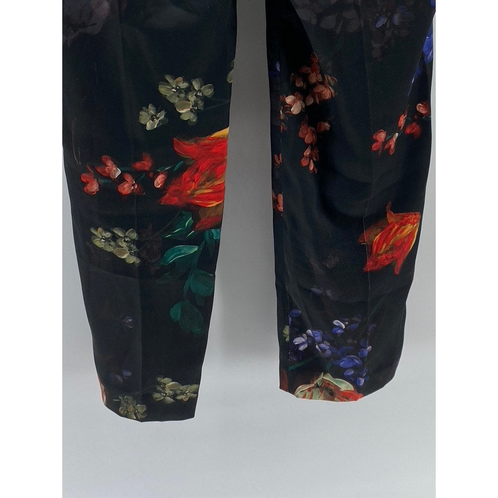 EXPRESS Women's Black Floral Print Belted Tapered Paperbag Pants SZ 4