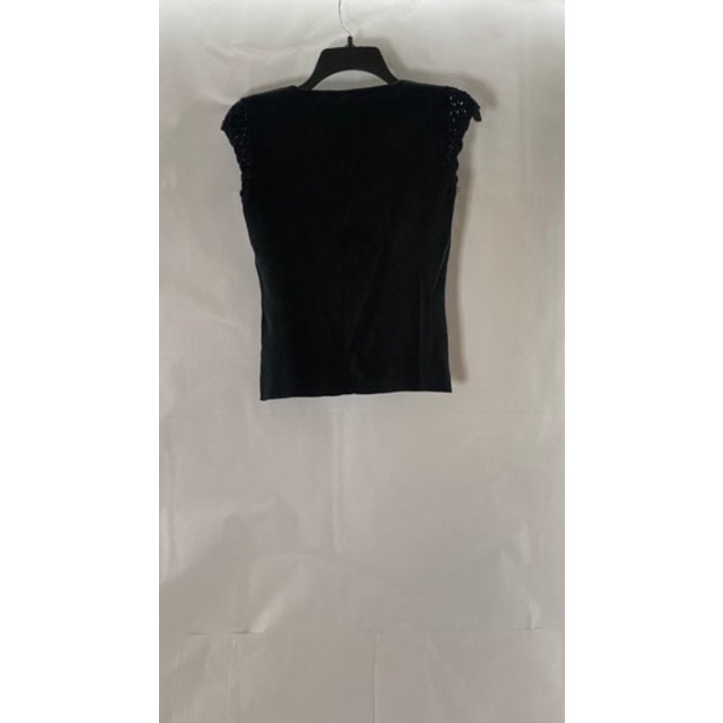 AUGUST SILK Women's Black Ribbed V-Neck Crochet Trim Cap Sleeve Top SZ S