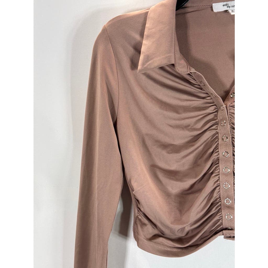 EDIT by NINE Women's Long Sleeve Knit Cropped Ruched Snap Button Top SZ M