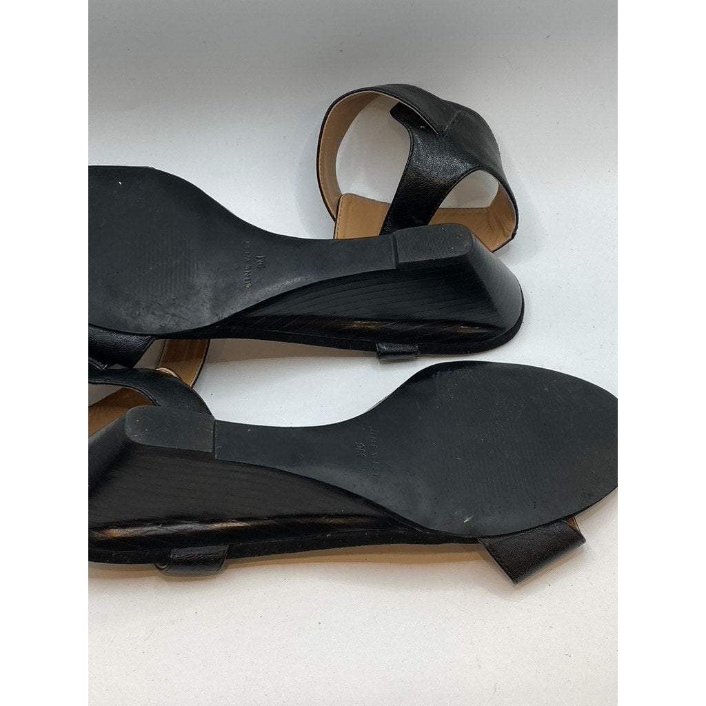 NINE WEST Women's Black Pepperman Round-Toe Ankle-Strap Wedge Sandals SZ 9