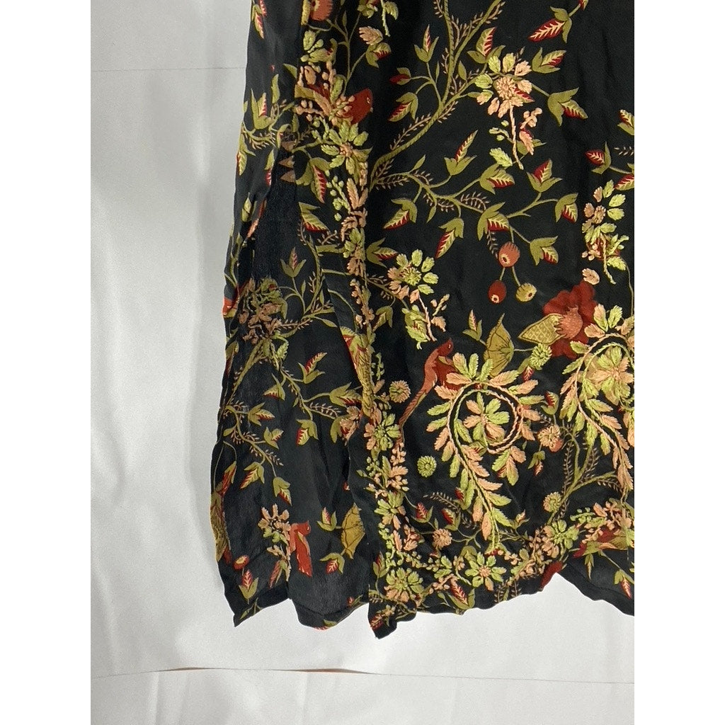 UNBRANDED Women's Black Embroidered Floral Print V-Neck Silk Mini Dress SZ M