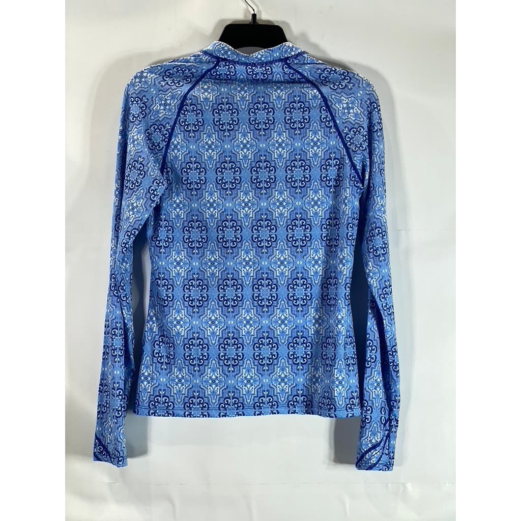 CABANA LIFE Women's Blue Printed Split-Neck Long Sleeve Top SZ L