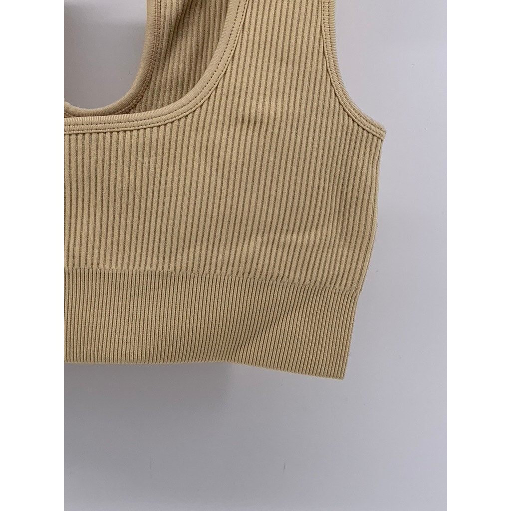 UNBRANDED Women's Tan Split Neck Ribbed Crop Top SZ S