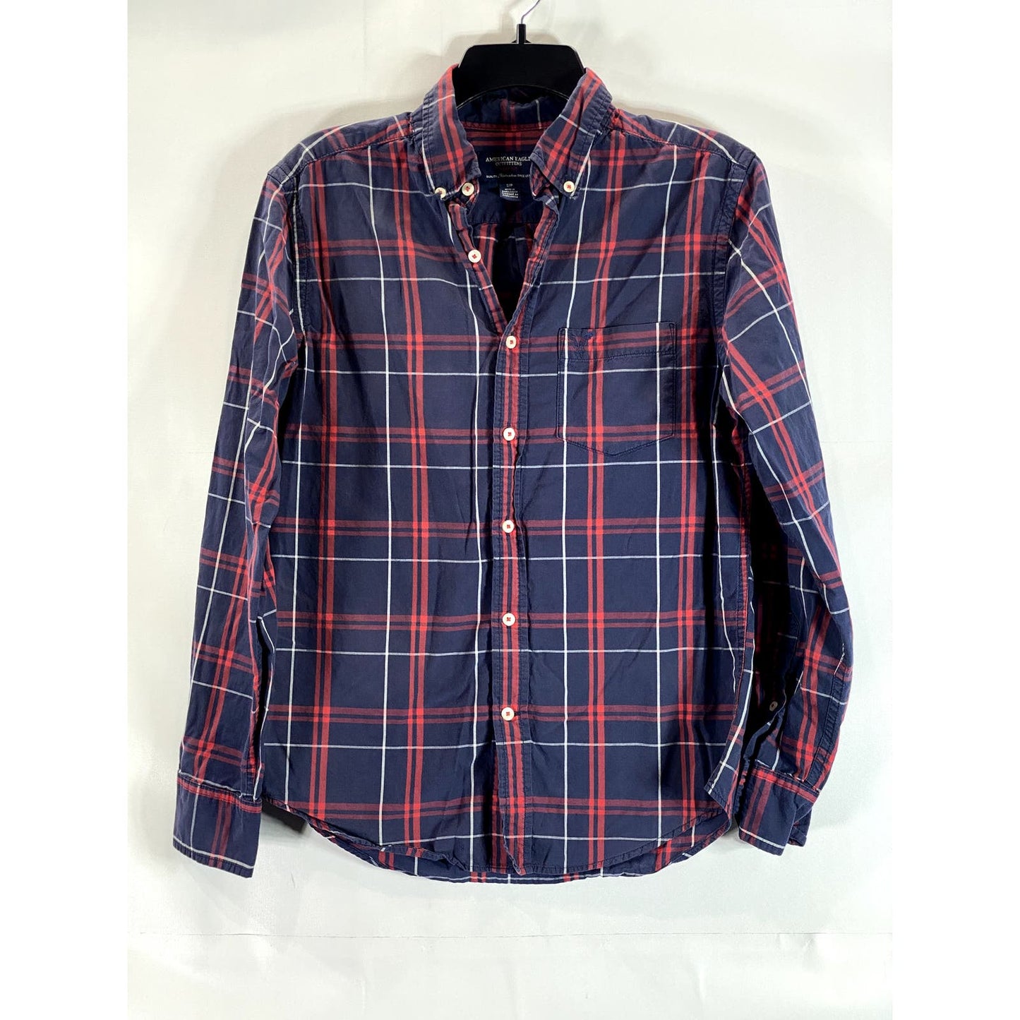 AMERICAN EAGLE OUTFITTERS Men's Navy/Red Plaid Prep-Fit Button-Up Shirt SZ S