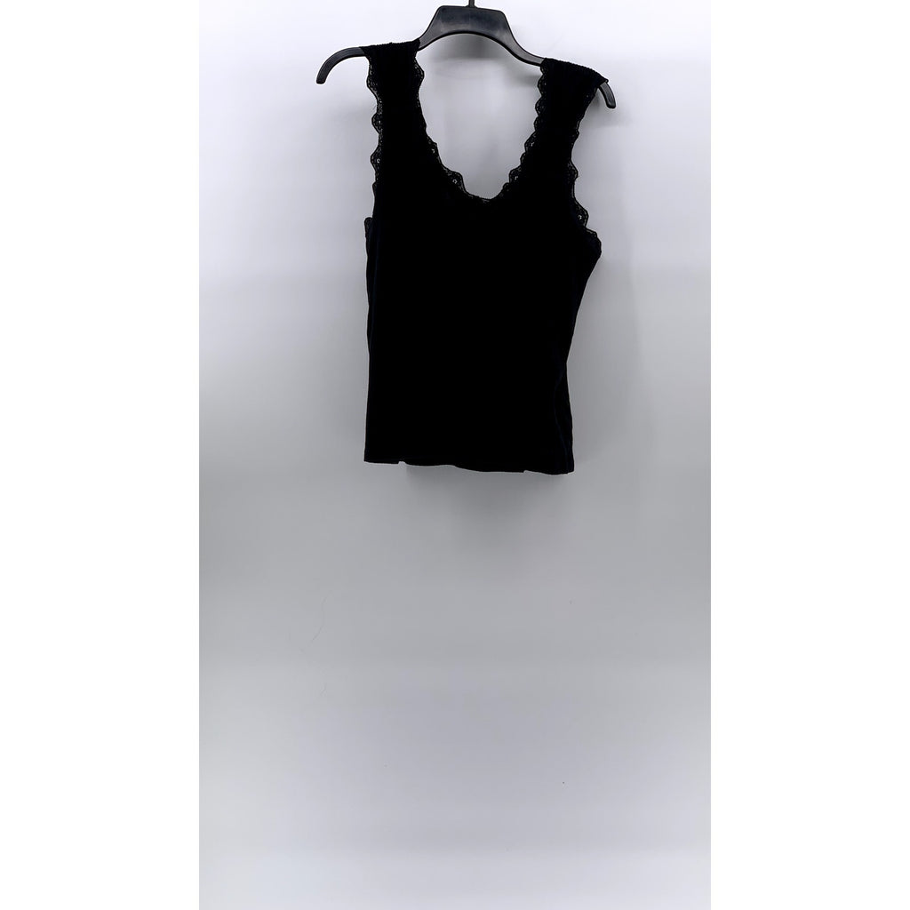 RIVER ISLAND Women's Black Wide-Rib Lace-Trim V-Neck Tank Top SZ 12