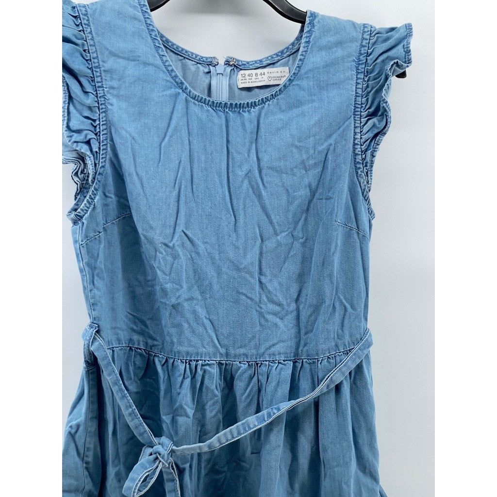 PRIMARK Women's Blue Denim Crewneck Ruffle Belted Fit & Flare Mini Dress SZ 8