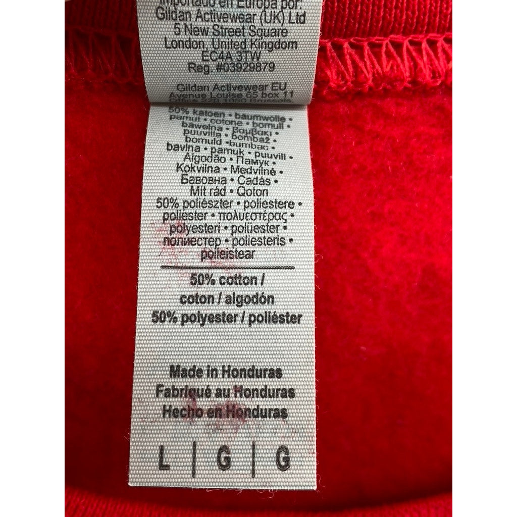 GILDAN Unisex Adult Red Crewneck Heavy Blend Spaghetti Graphic Sweatshirt SZ L