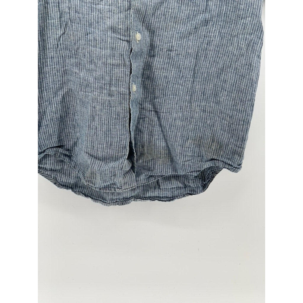 EVERLANE Men's Blue-White Micro Striped Linen Button-Up Short Sleeve Shirt SZ M