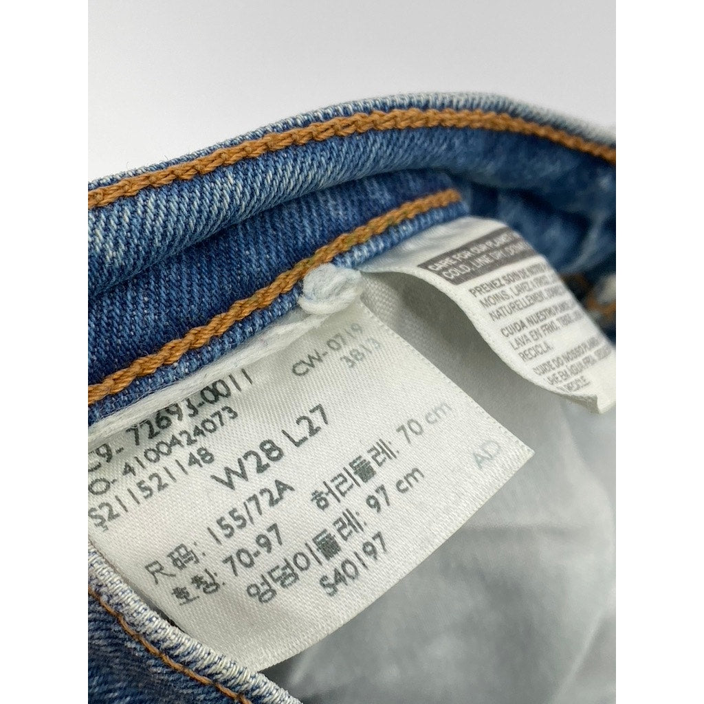 LEVI'S Women's Medium Blue Distressed Ribcage Straight Button-Fly Jeans SZ 28