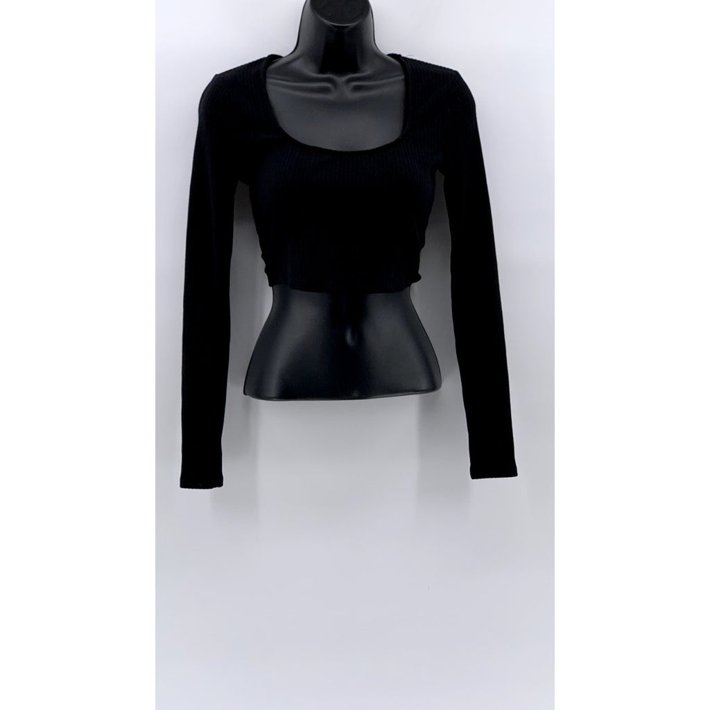 BAR III Women's Black Ribbed Straight-Neck Long Sleeve Crop Top SZ XS