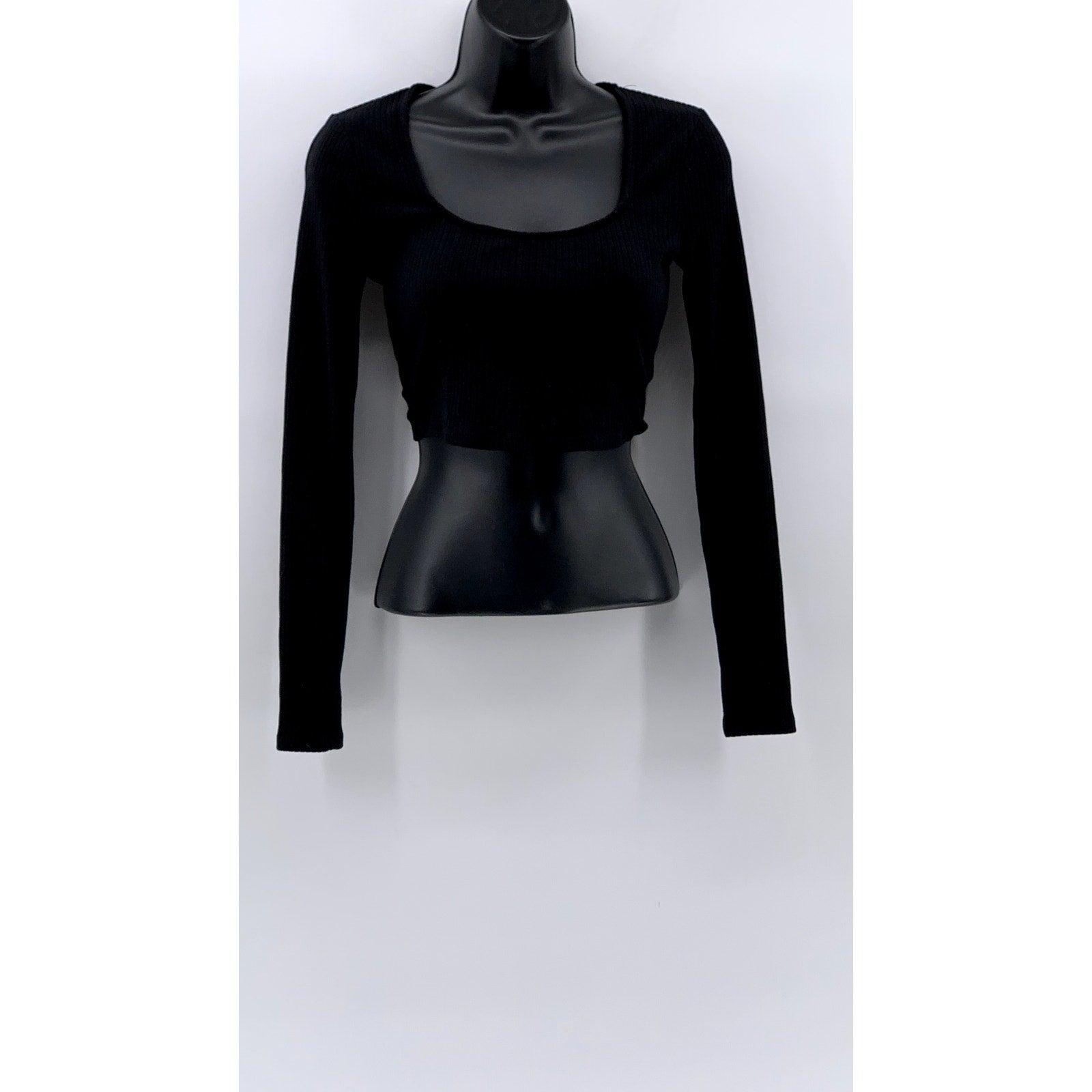 BAR III Women's Black Ribbed Straight-Neck Long Sleeve Crop Top SZ XS