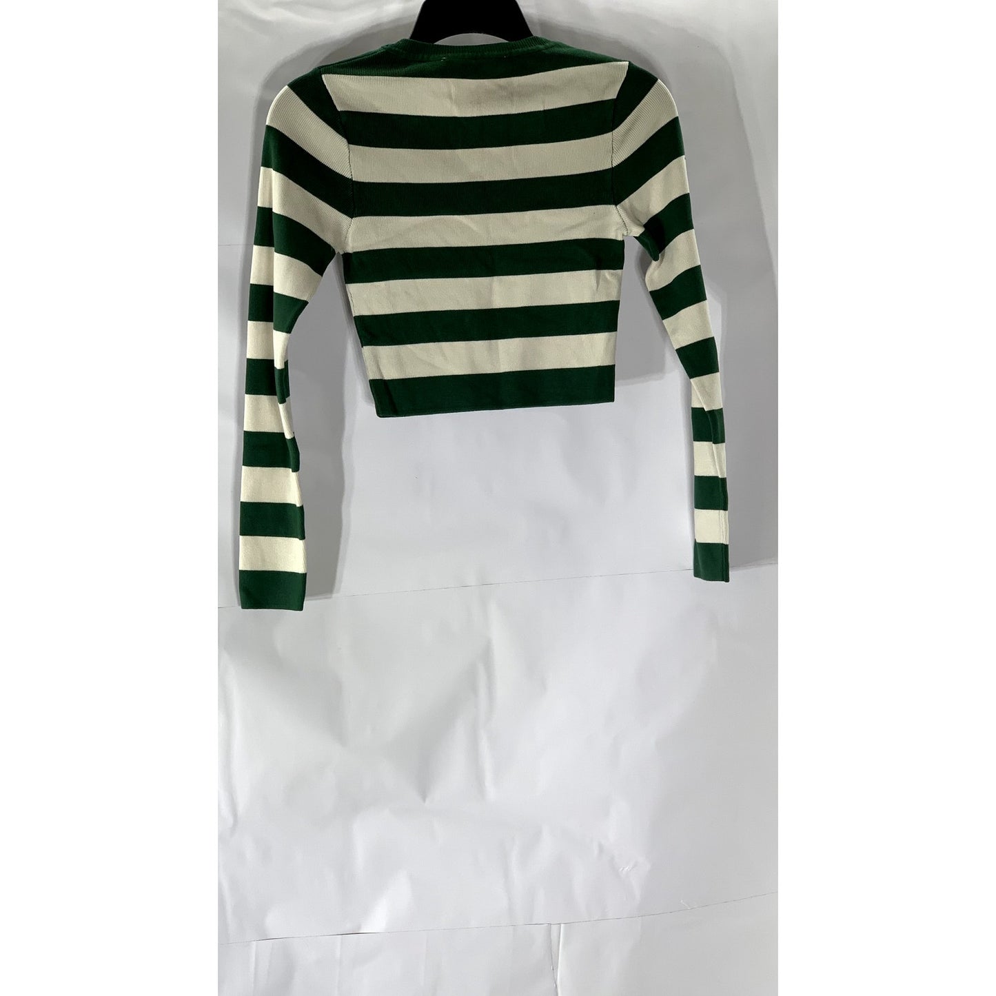 ZARA Women's Green-Cream Striped Crewneck Long Sleeve Cropped Top SZ S