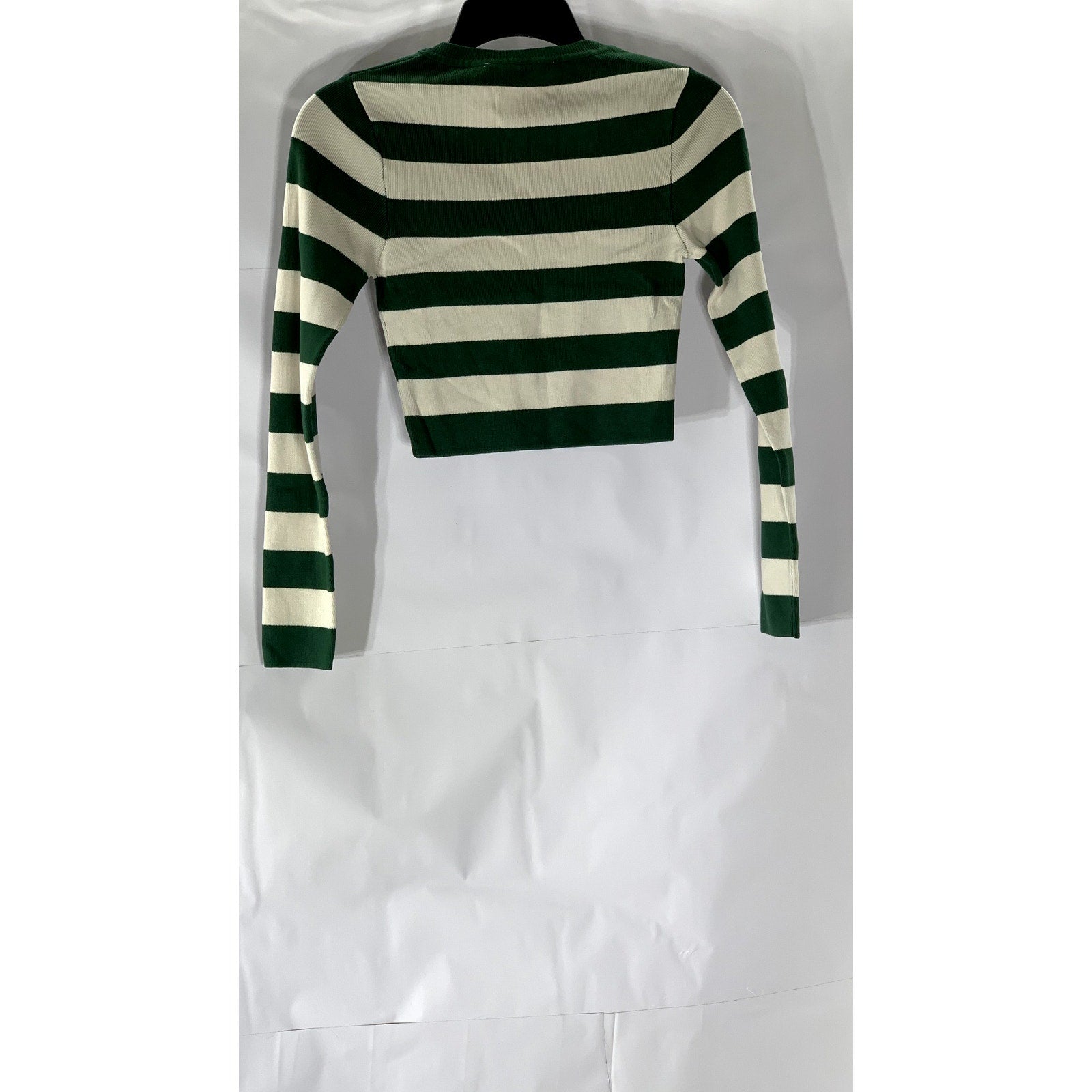 ZARA Women's Green-Cream Striped Crewneck Long Sleeve Cropped Top SZ S