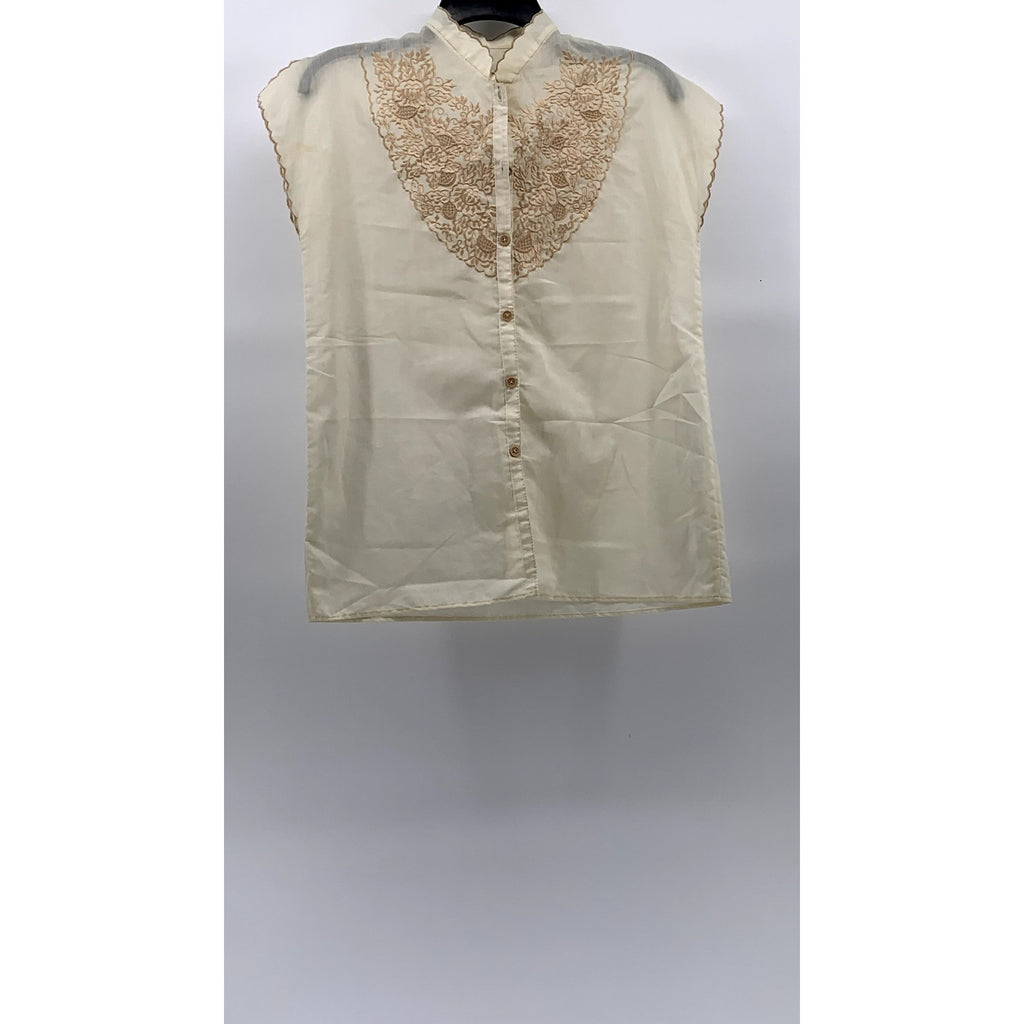 UNBRANDED Women's Beige Embroidered Mock Collar Button-Up Cap Sleeve Top SZ M