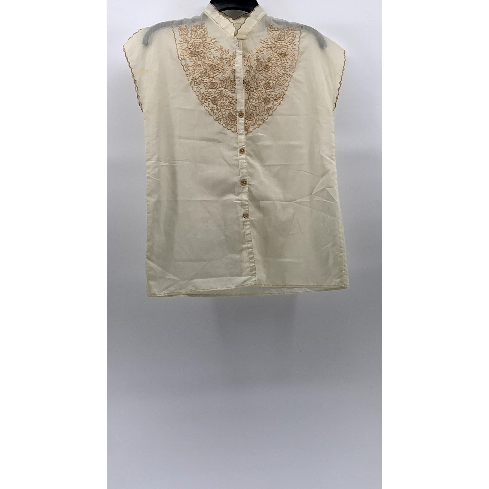 UNBRANDED Women's Beige Embroidered Mock Collar Button-Up Cap Sleeve Top SZ M