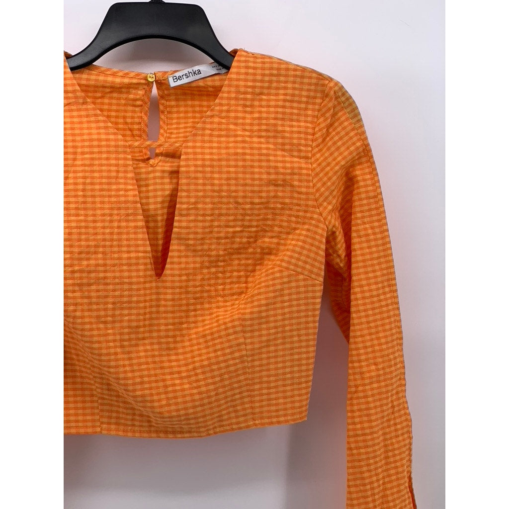 BERSHKA Women's Orange-White Gingham Long Sleeve V-Neck Cutout Cropped Top SZ S
