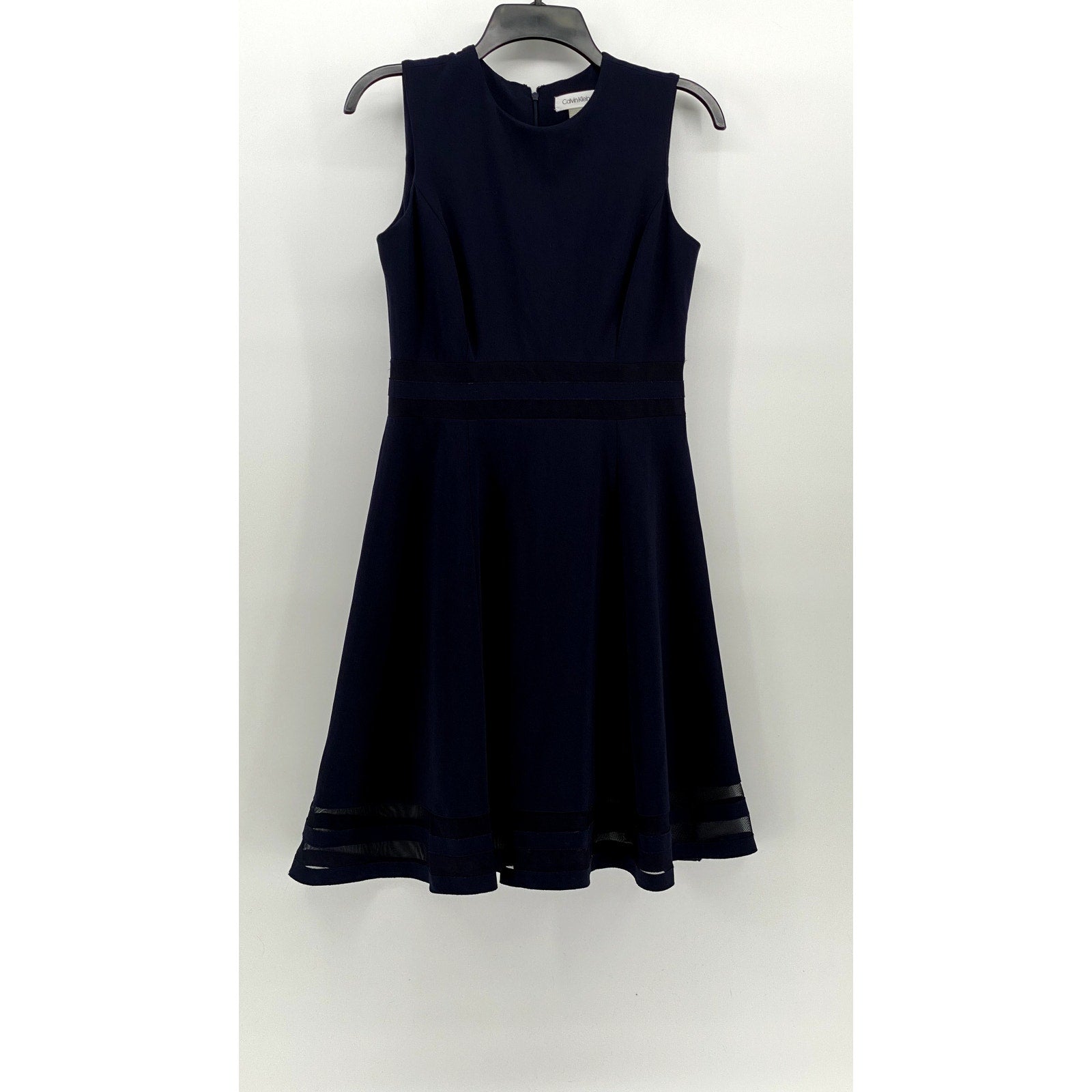CALVIN KLEIN Women's Navy Blue Crewneck Sleeveless Mesh Hem Mini Dress SZ 4