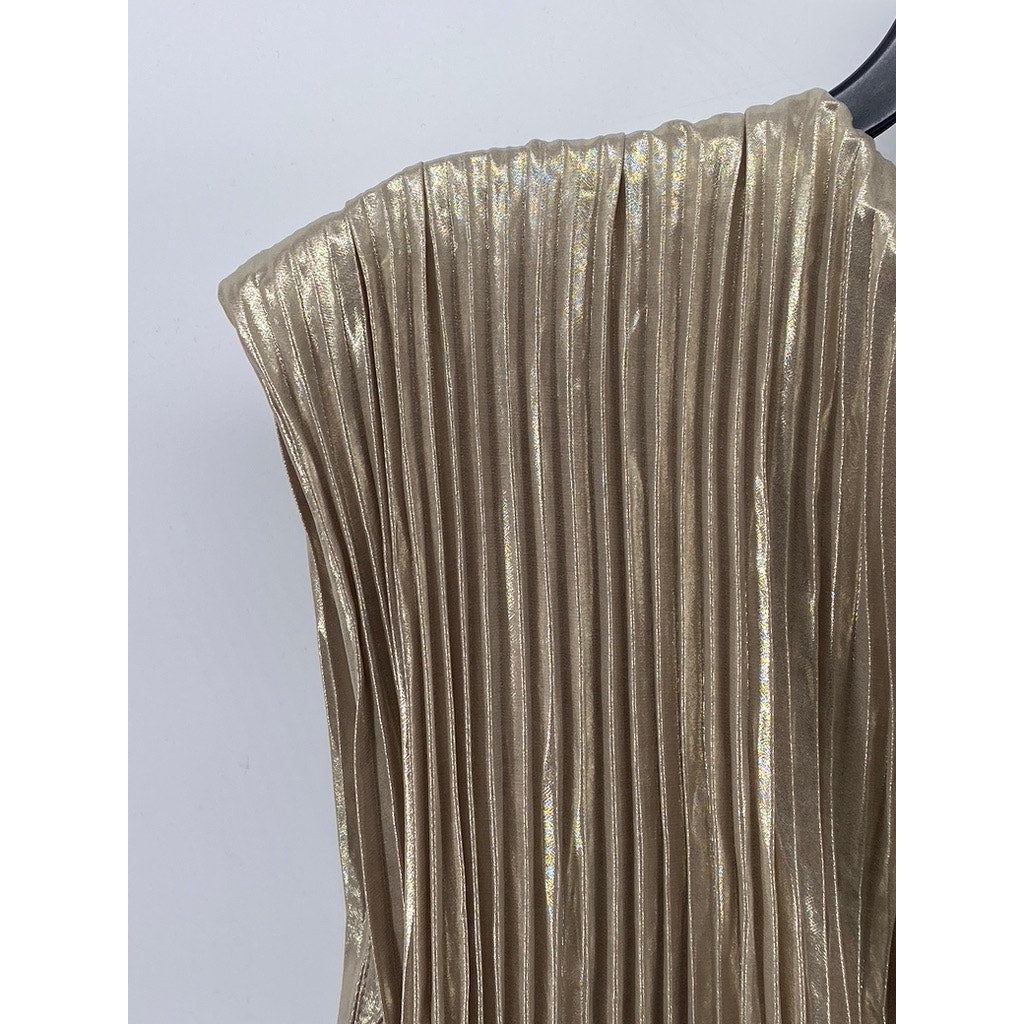 BANANA REPUBLIC Women's Champagne Foil Metallic Lena Pleated V-Neck Top SZ S