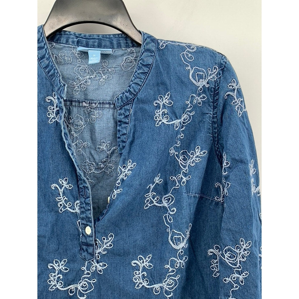 KORET Women's Blue Embroidered Split-Neck Long Sleeve Top SZ M