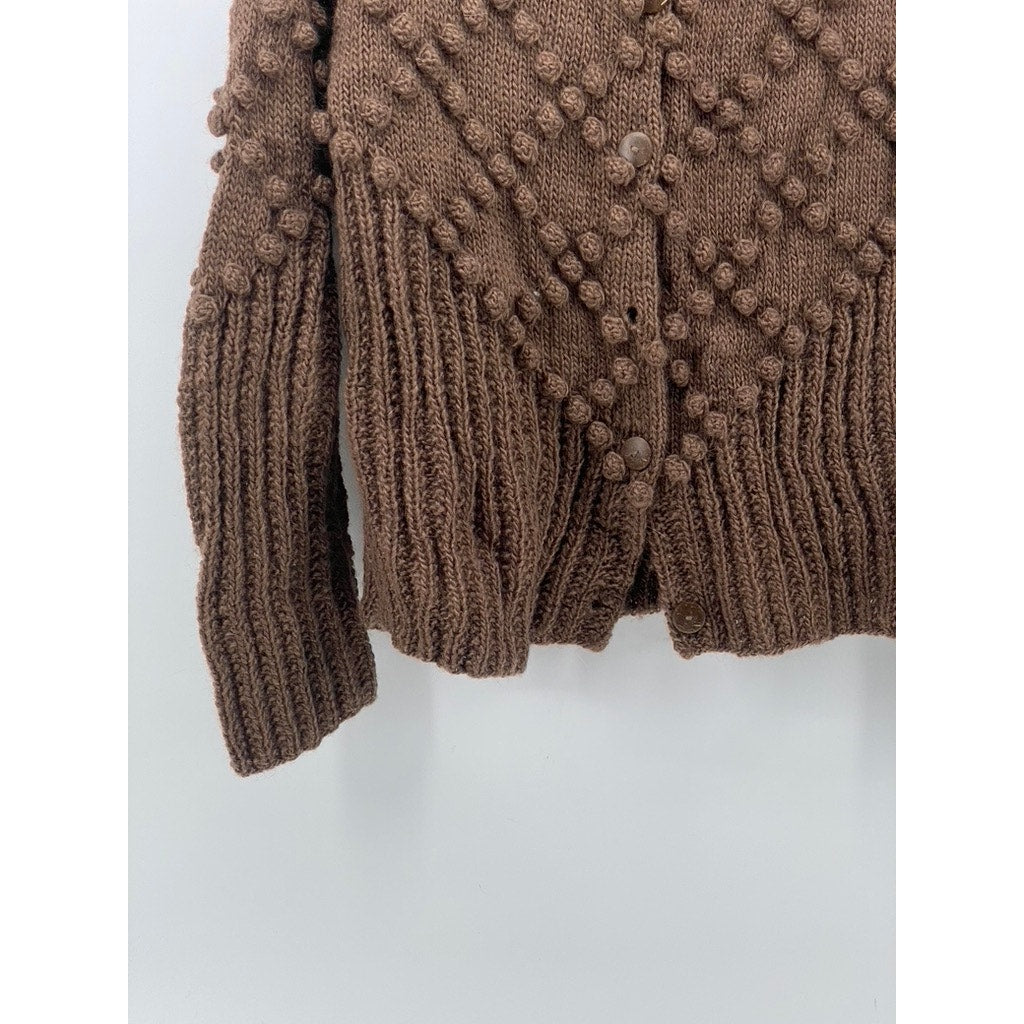 KTS Women's Brown Knit Button-Up Diamond Ball Textured Ribbed Cardigan SZ XS