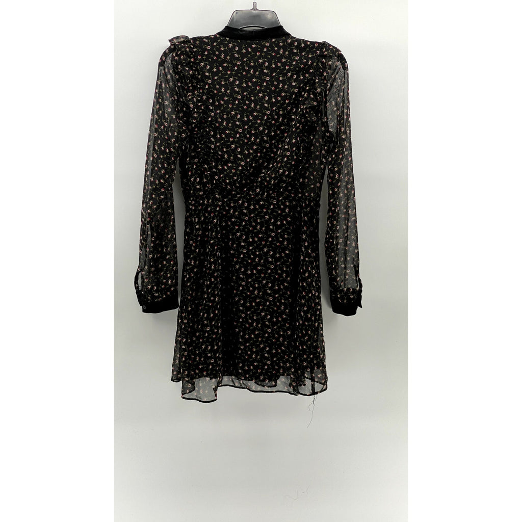 LUSH Women's Black Floral Velvet Tie-Neck Long Sleeve Ruffle Mini Dress SZ S