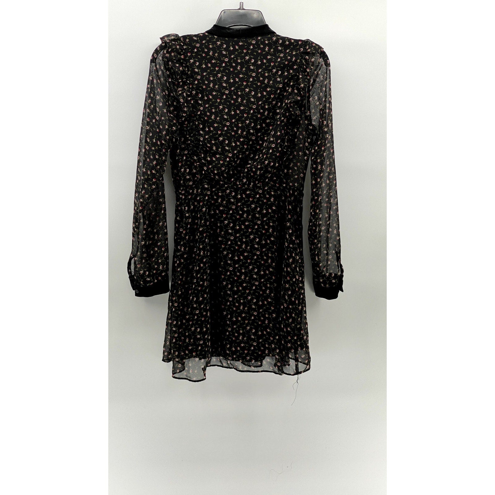 LUSH Women's Black Floral Velvet Tie-Neck Long Sleeve Ruffle Mini Dress SZ S