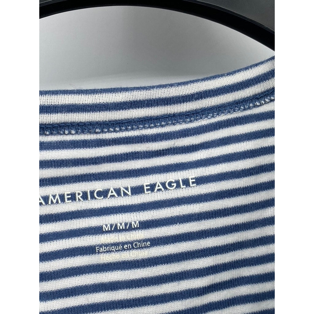 AMERICAN EAGLE Women's Blue-White Crewneck Short Sleeve Casual Crewneck Top SZ M