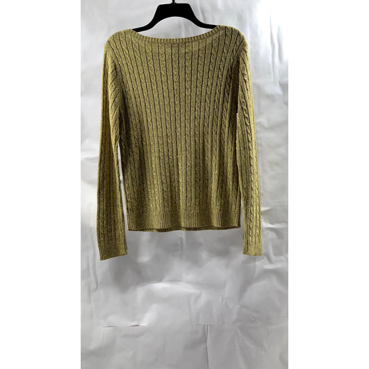 LAUREN RALPH LAUREN Women's Brown Metallic Silk-Blend Cable Knit Sweater SZ L