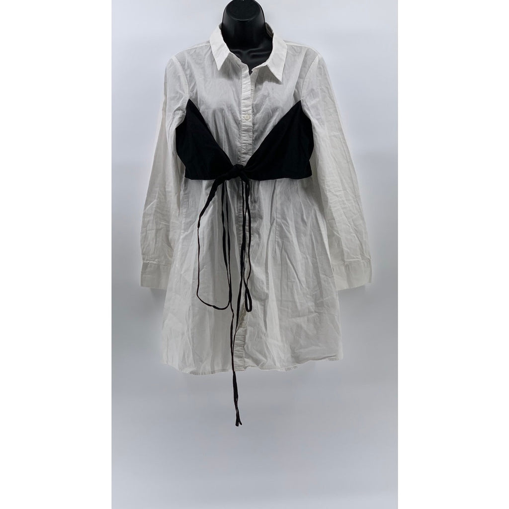 BLASHE Women’s White-Black Tie-Front Button-Up Long Sleeve Shirt Dress SZ L
