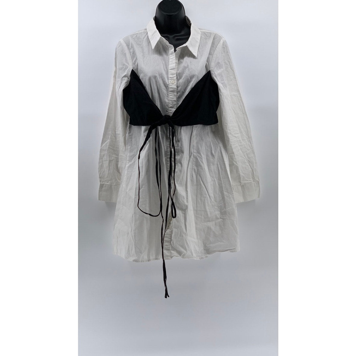 BLASHE Women’s White-Black Tie-Front Button-Up Long Sleeve Shirt Dress SZ L