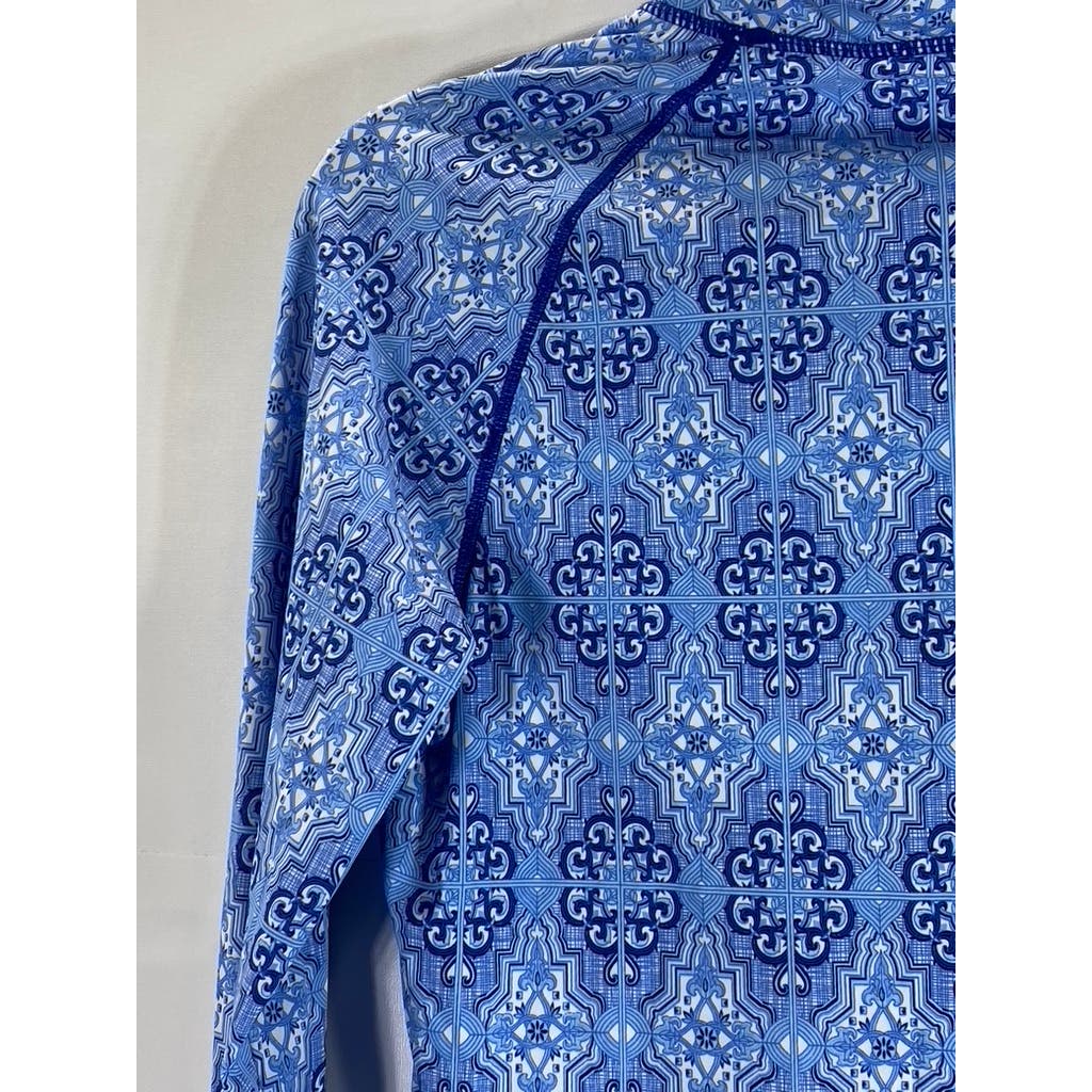 CABANA LIFE Women's Blue Printed Split-Neck Long Sleeve Top SZ L