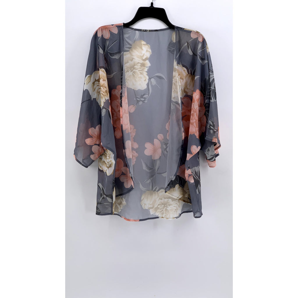 UNBRANDED Women's Black Floral Sheer Long Sleeve Open-Front Cardigan SZ L