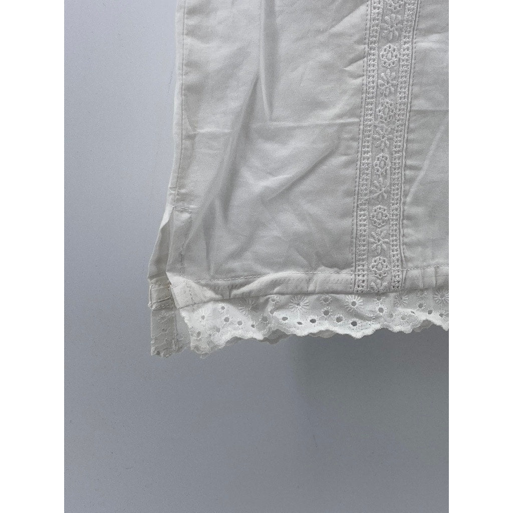 UNBRANDED Women's White Crewneck Sleeveless Eyelet Floral Trim Top SZ S