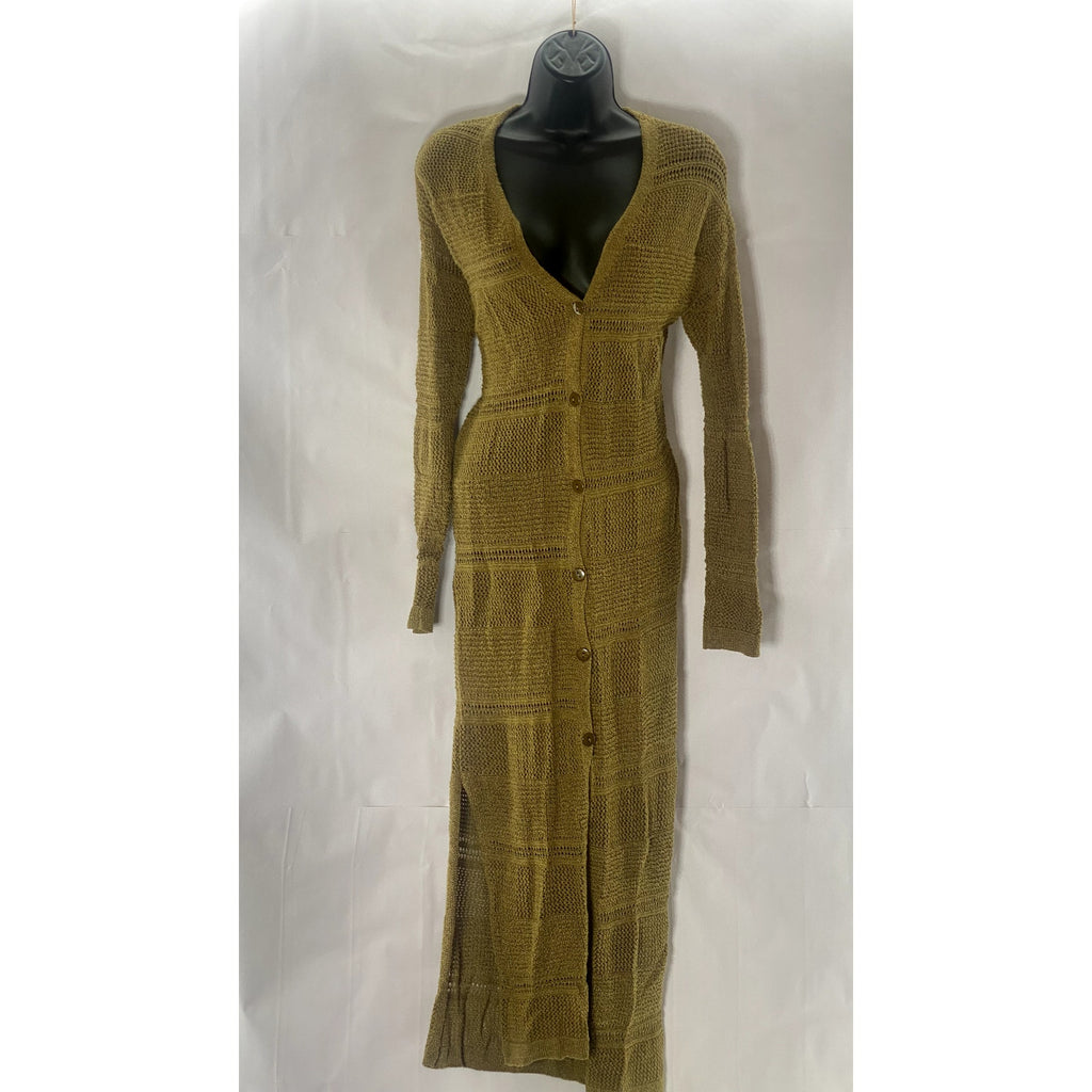 MANGO Women's Tan Knit Side Slit Button-Up Long Cardigan SZ M