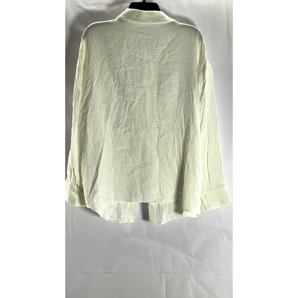 SHEIN Women’s Off-White Oversized-Fit Button-Ip Long Sleeve Top SZ S