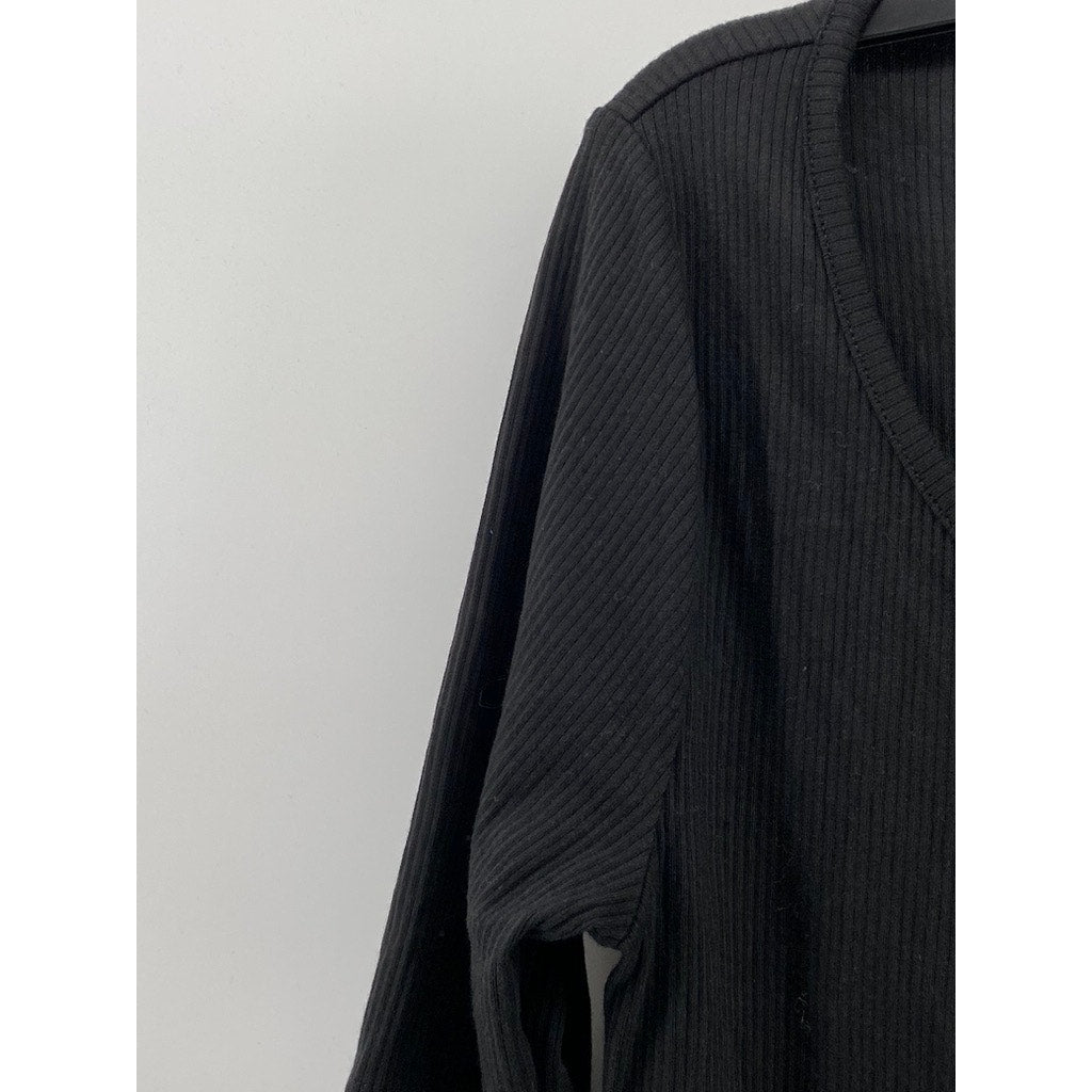 J.CREW Women's Vintage Black Ribbed Elbow Sleeve Henley Top SZ L