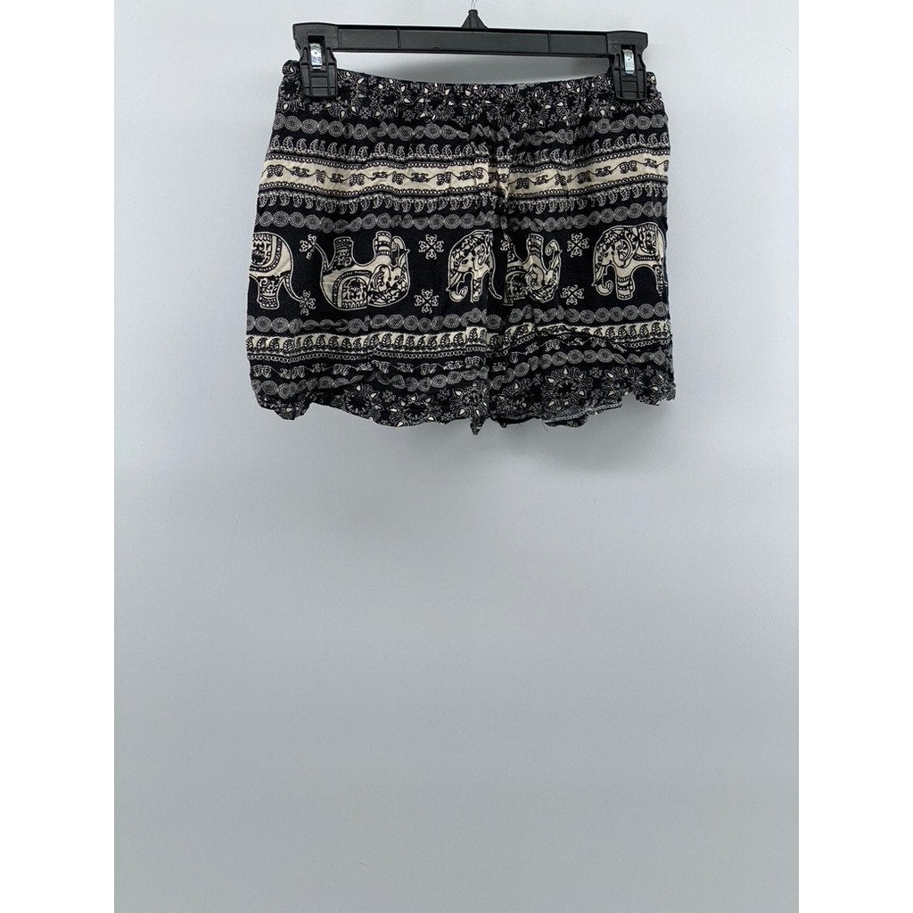 UNBRANDED Women’s Black-Beige Printed Drawstring Relaxed-Fit Shorts SZ S