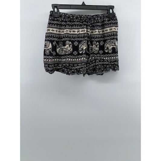 UNBRANDED Women’s Black-Beige Printed Drawstring Relaxed-Fit Shorts SZ S