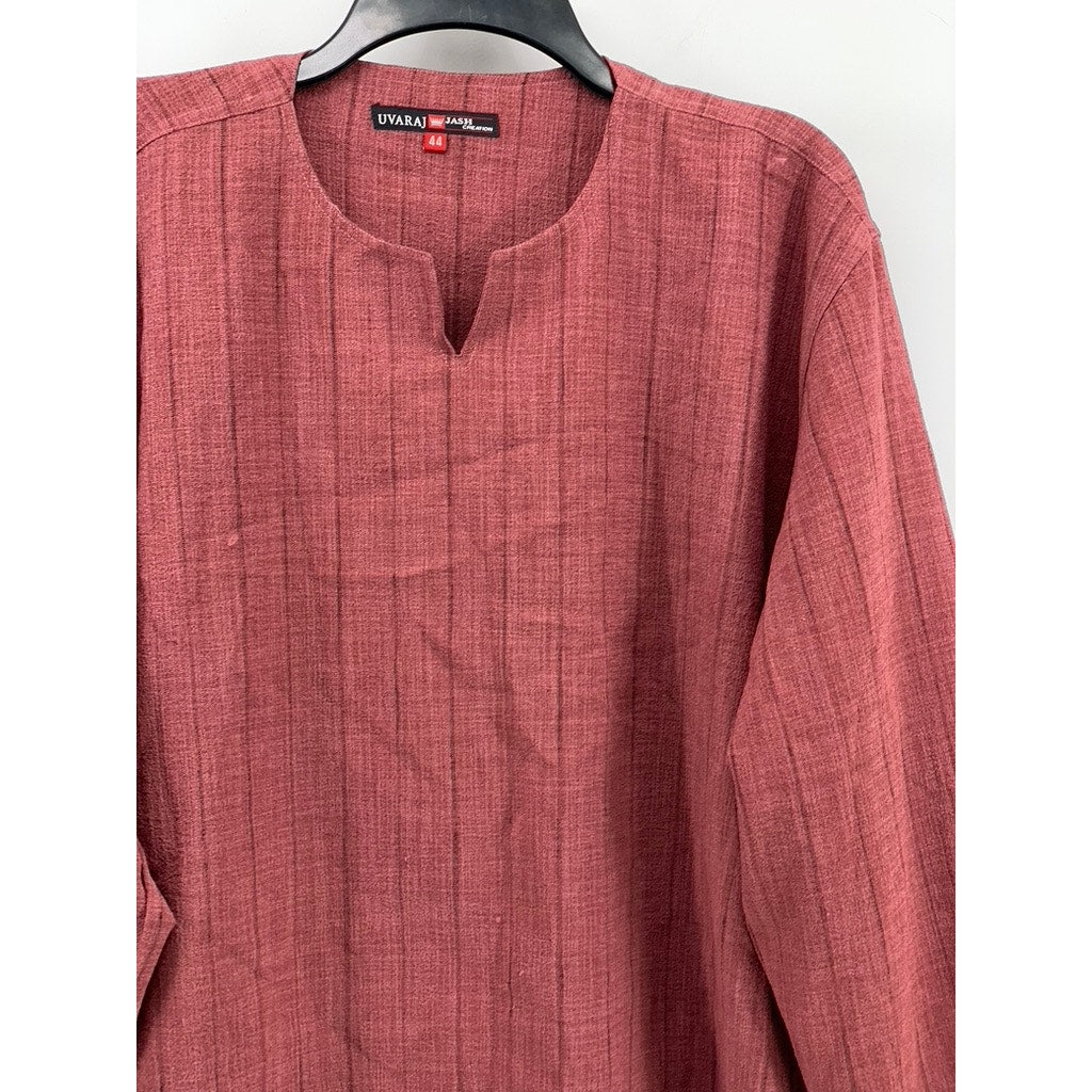UVARAJ Jash Creation Men's Red Wide Stripe Split-Neck Long Sleeve Shirt SZ 44(L)