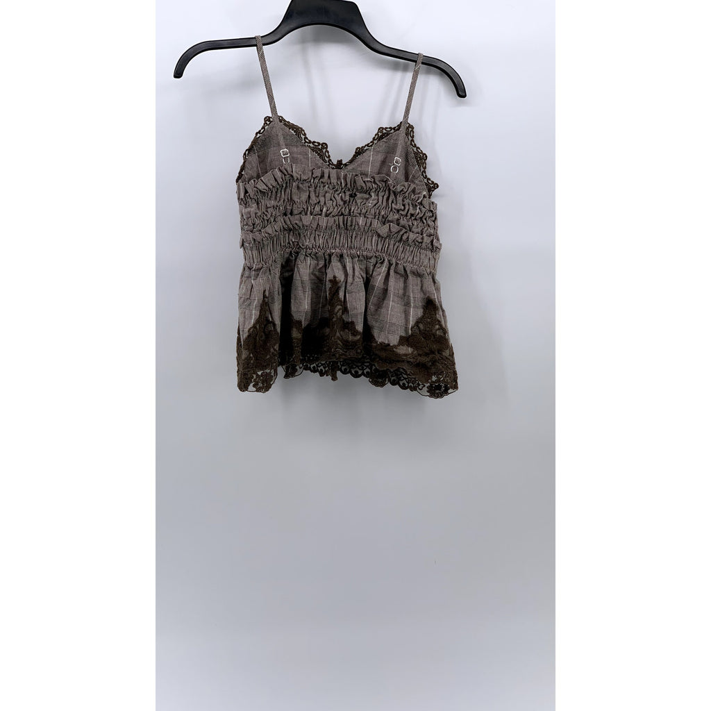 GROOVE Women's Brown Lace-Trim Plaid V-Neck Ruffle Camisole Top SZ S
